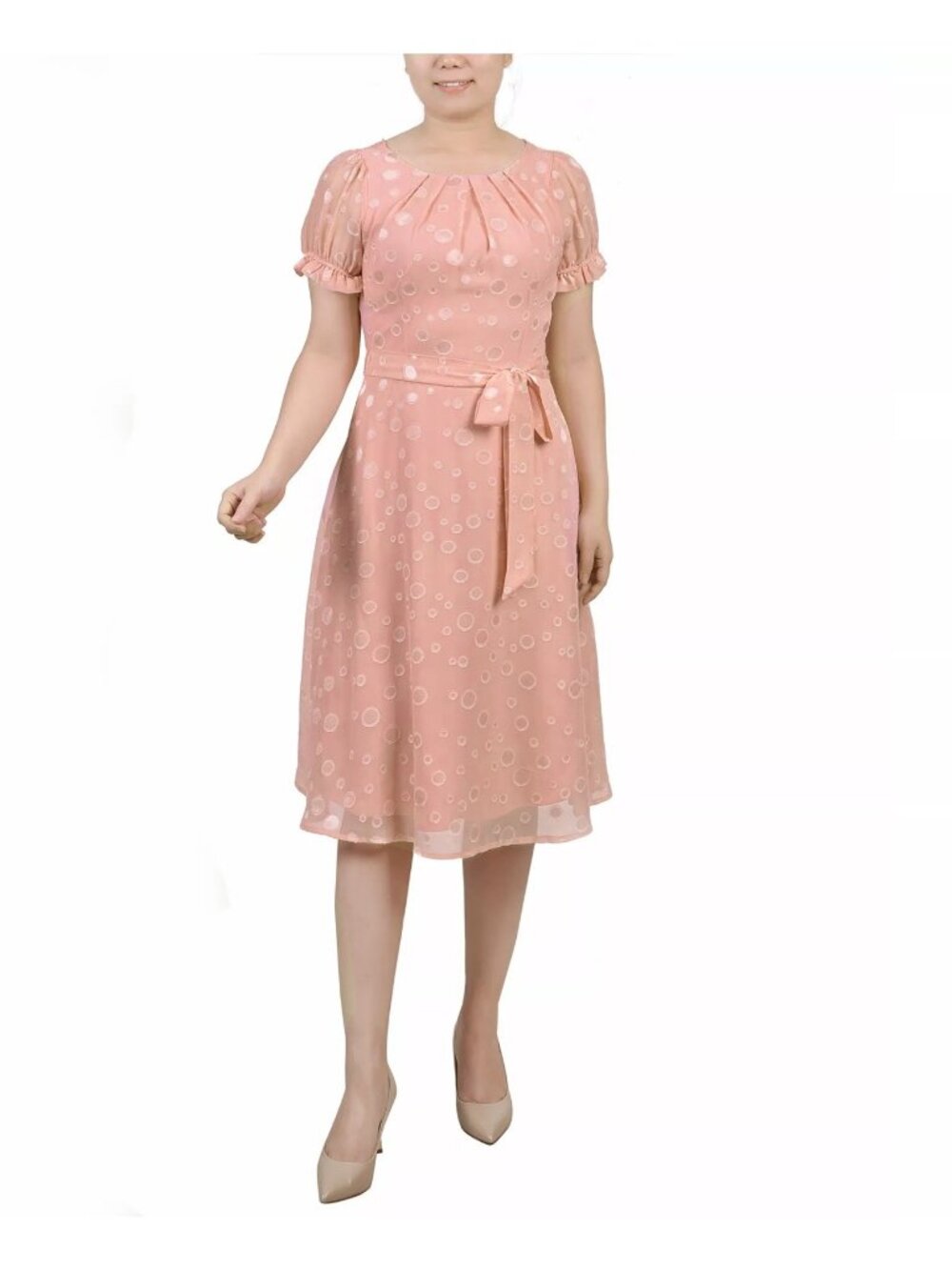 NY Collection  Petites Chiffon Knee-Length Midi Dress Pink Orange Size PM $54